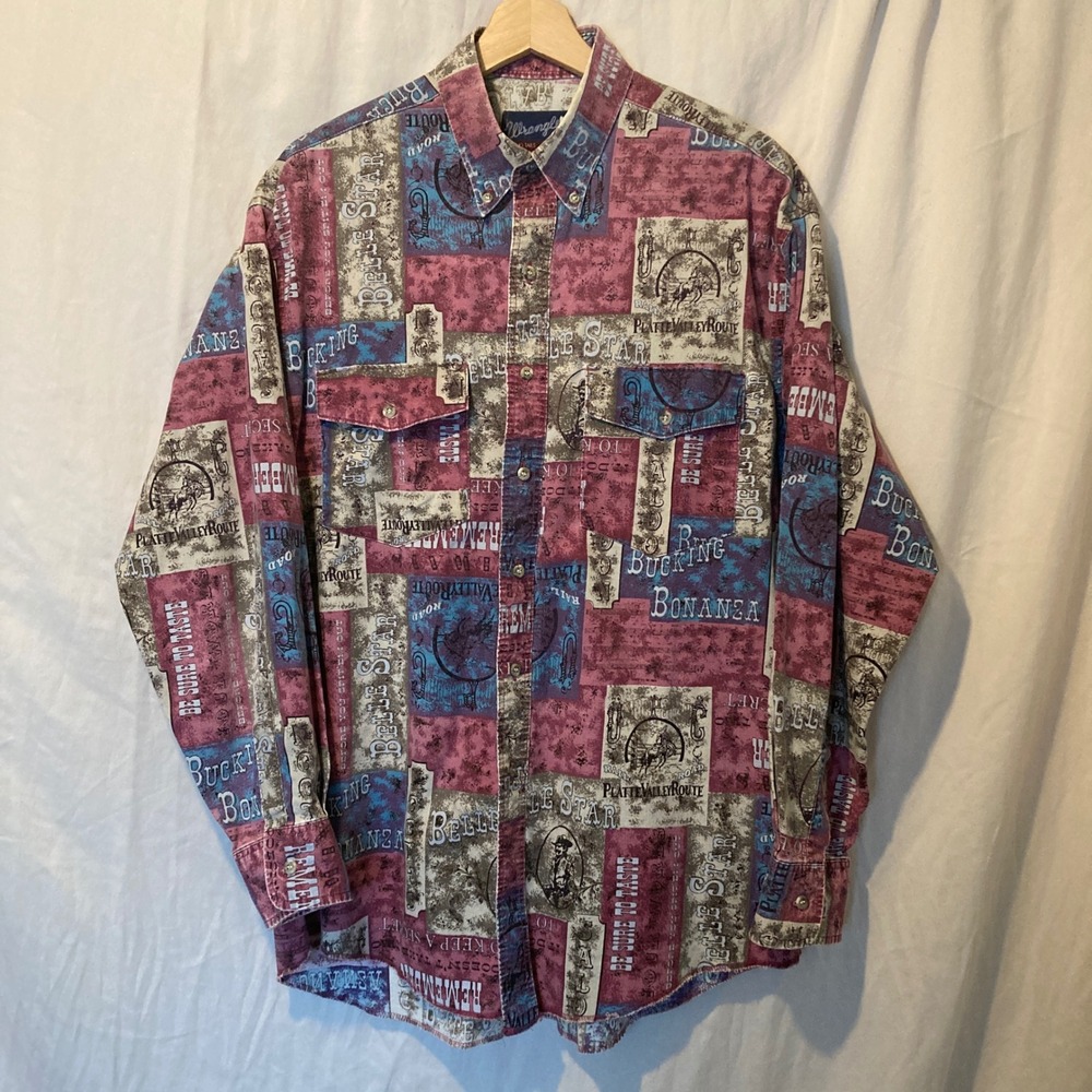 Vintage 90s Wrangler Western Shirt Bonanza AOP Print X-Long Tails Multi-Color XL